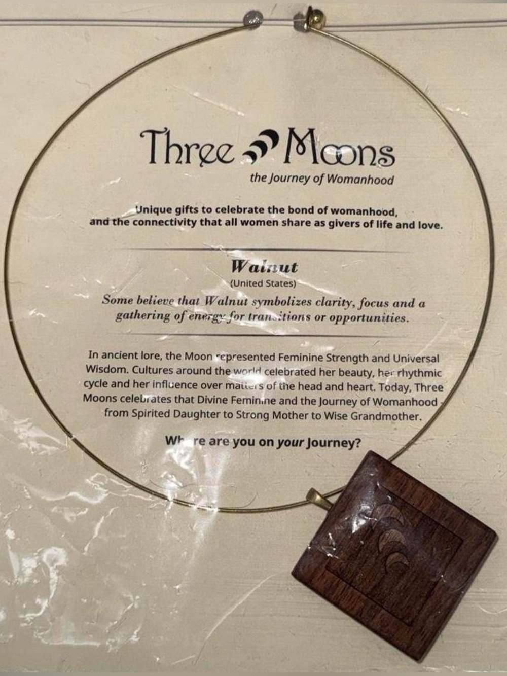 Square Walnut Wood Triple Moon Square Pendant Necklace Whimsigoth